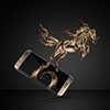 Gold Samsung Galaxy S7, with the horse created by the golden painting splashes, jumping out of the screen.