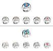 Men's rings by Mycharm. Twelve rings with the emblem in different versions, color enamelled or engraved in the metal. White background.