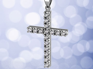 A white gold cross with diamonds, turned slightly to the left. Light blue background with white bokeh. Celestial atmosphere. Vertical.