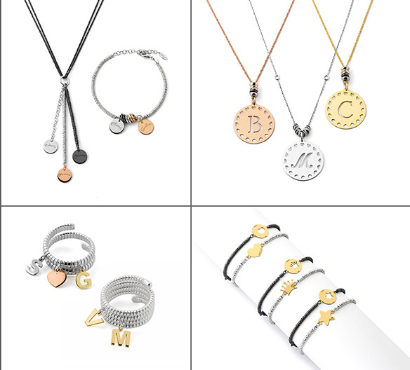 Fotografia dei vari gioielli della Mycharm sullo sfondo bianco. Collane, bracciali ed anelli. Colori: argento, nero, oro giallo e rosa.