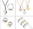 Photo of various jewellery by Mycharm on the white background. Necklaces, bracelets and rings. Color: silver, black, yellow and pink gold.